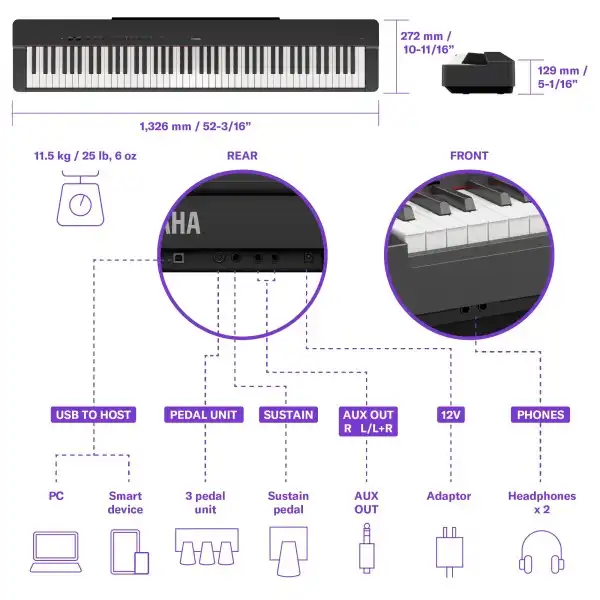 Yamaha P-225 88-Key Weighted Action Portable Digital Piano with Power Supply, great for beginners (Adaptor Included)
