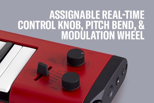 Assignable real-time control knob, Pitch Bend, and Modulation wheel